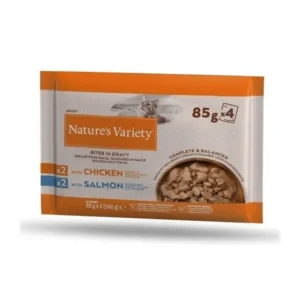 NATURE'S V BOCADITOS EN SALSA SALMON POLLO FLOWP 11x4X85G